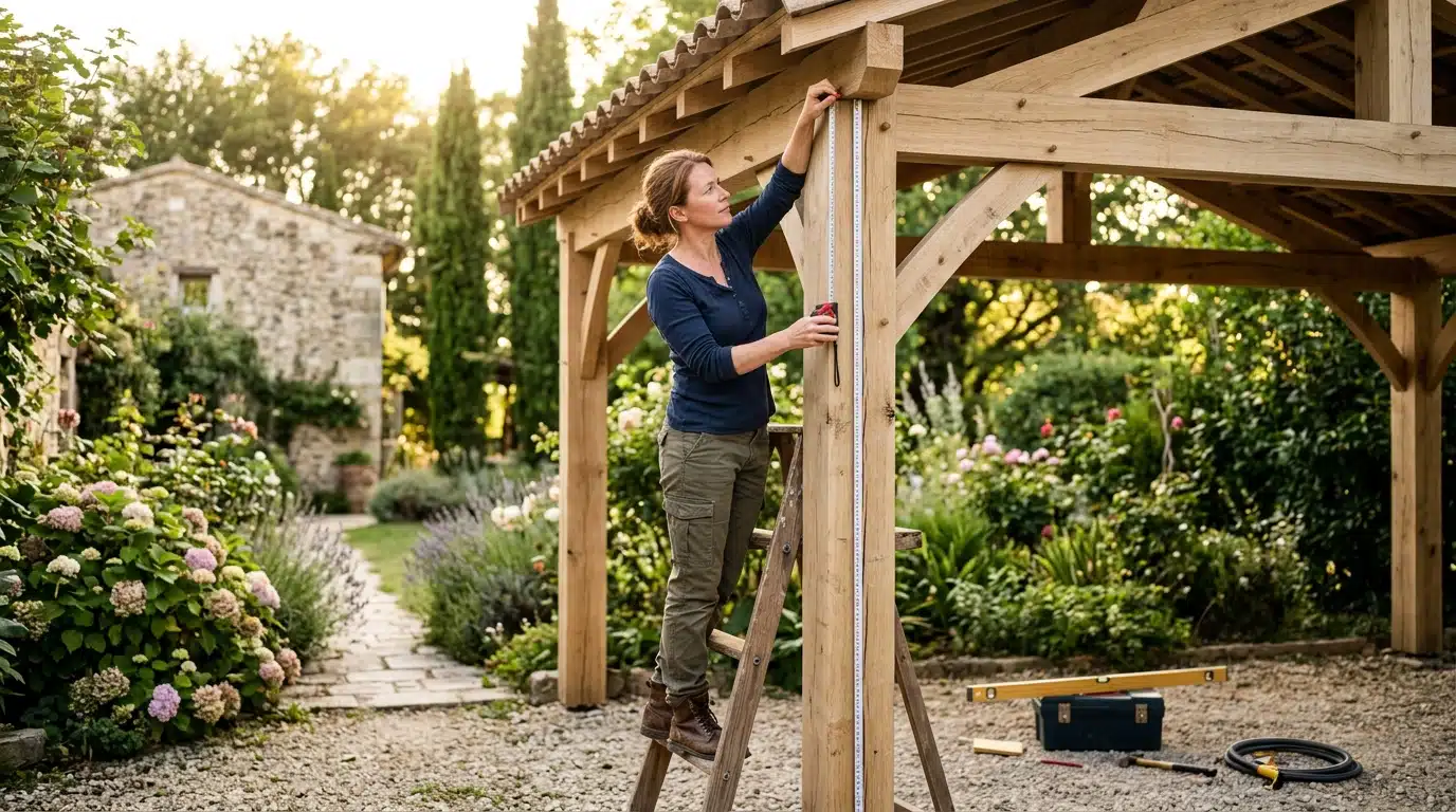 Femme mesurant la hauteur d'un carport en bois dans son jardin
