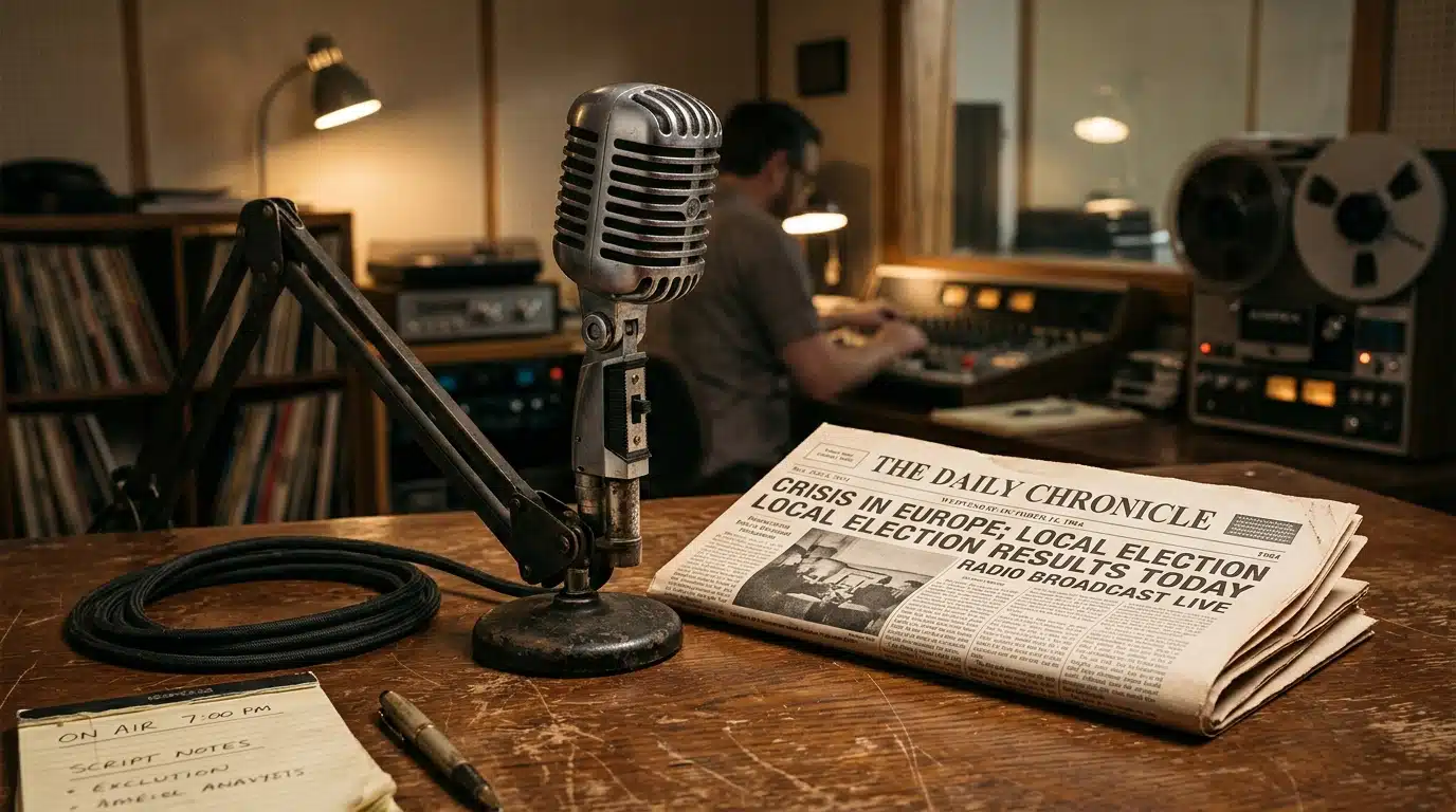 Microphone de studio radio sur bureau en bois