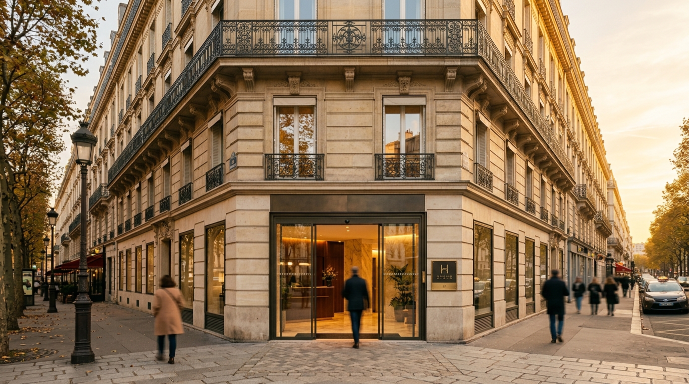 Façade d'un immeuble de bureaux parisien à l'heure dorée