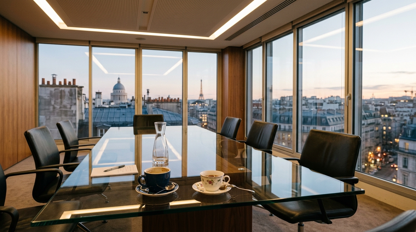 Salle de réunion vide avec tasses de café et thé