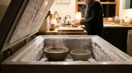 Congélateur givré avec bols d'eau chaude à l'intérieur