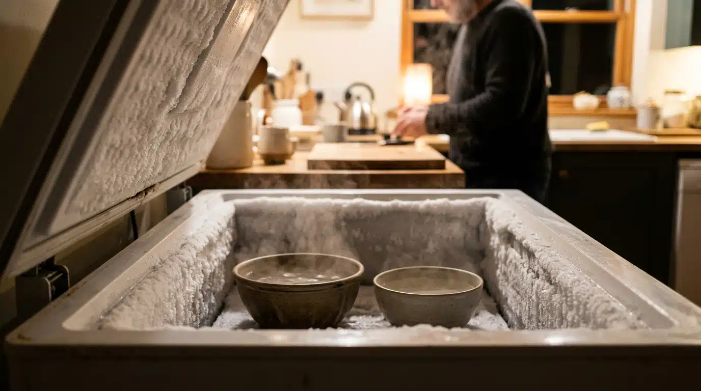 Congélateur givré avec bols d'eau chaude à l'intérieur