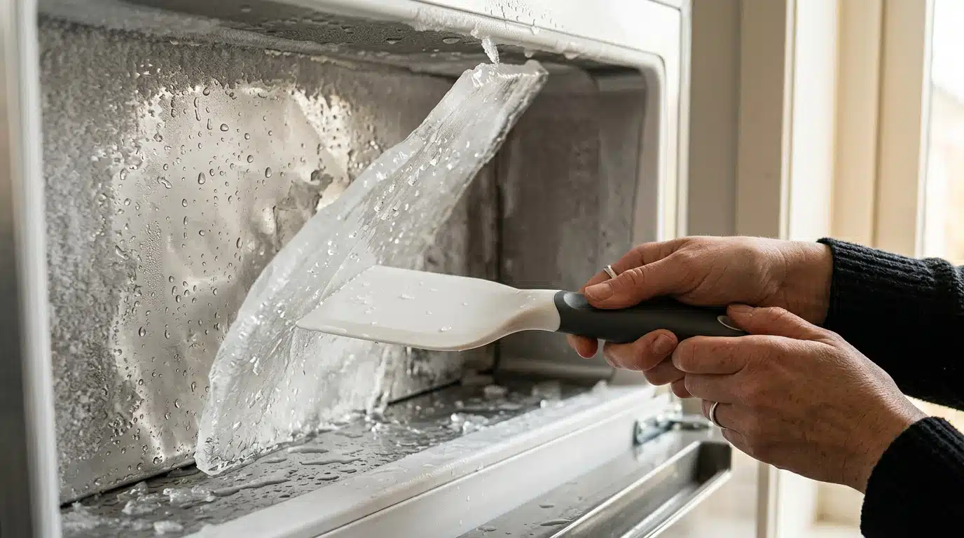 Spatule en plastique décollant une plaque de glace