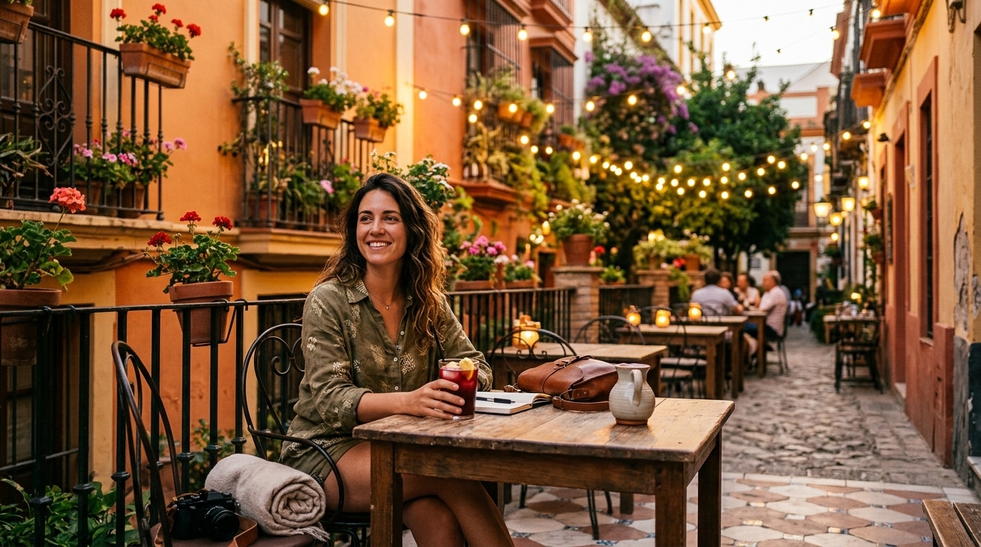 Terrasse animée dans le quartier Santa Cruz à Séville