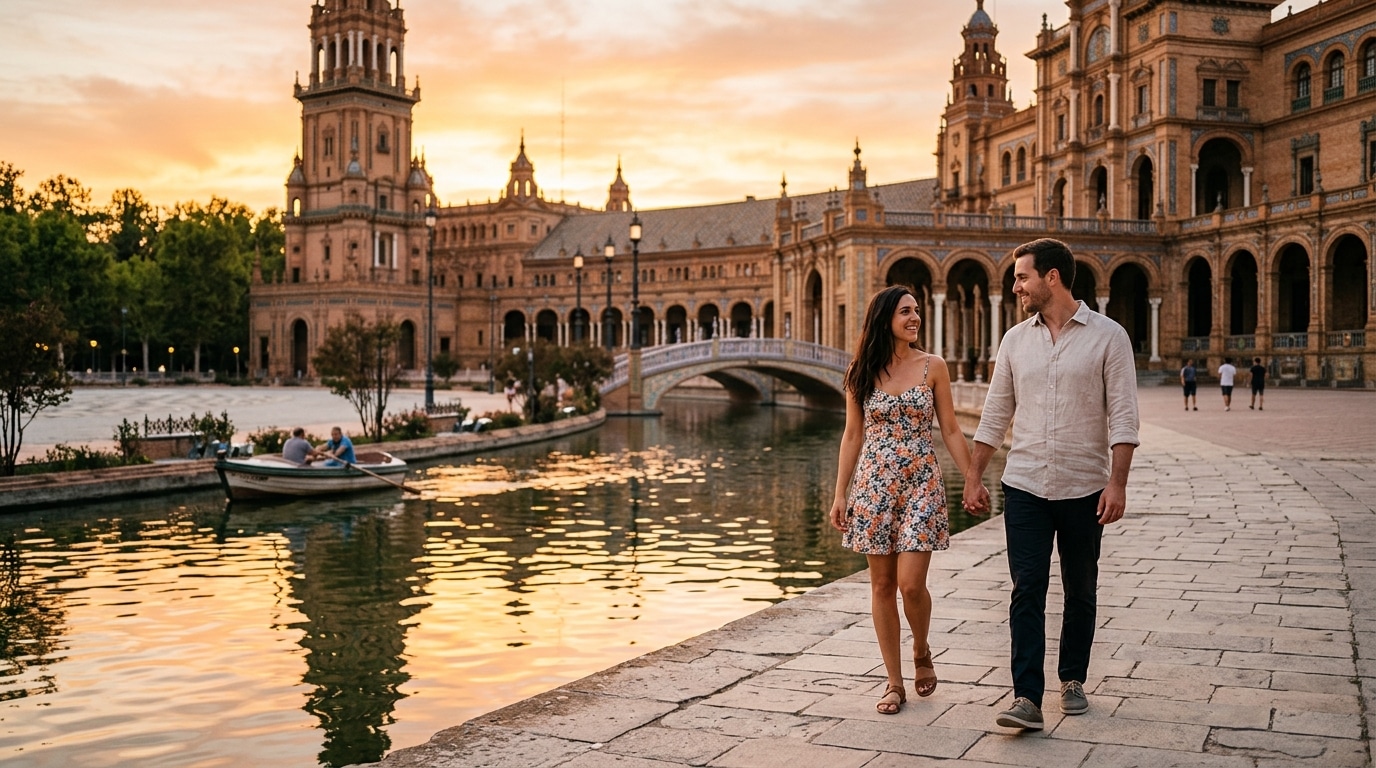 Couple se promenant près de la Plaza de España au coucher du soleil