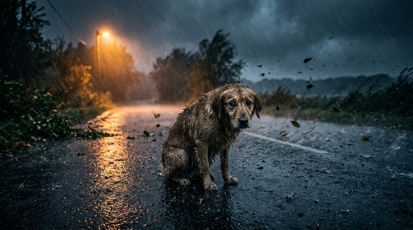 Chien perdu trempé errant seul pendant une tempête nocturne