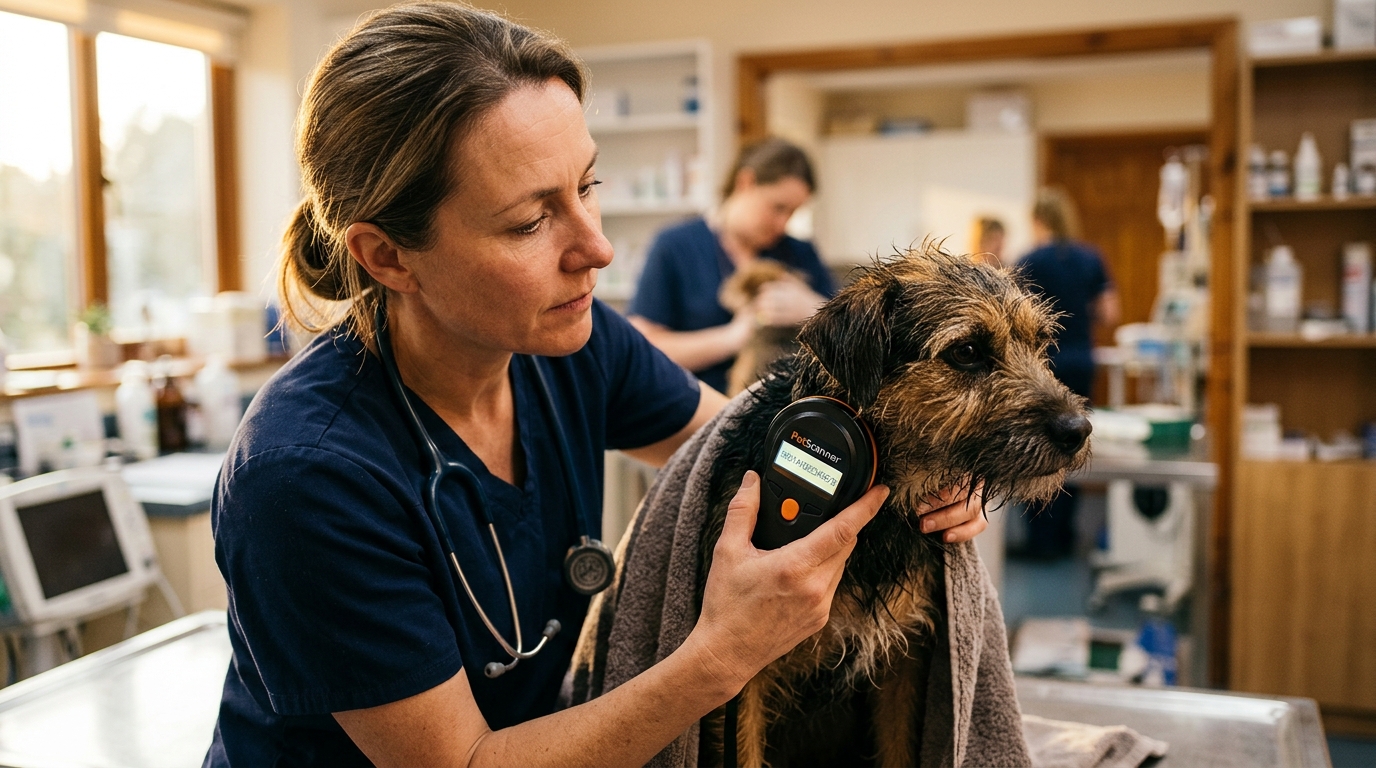 Vétérinaire scannant la puce électronique d'un chien retrouvé