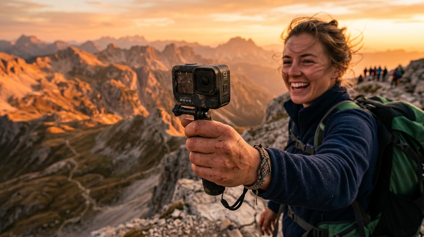 Caméra d'action GoPro sur une falaise au coucher du soleil