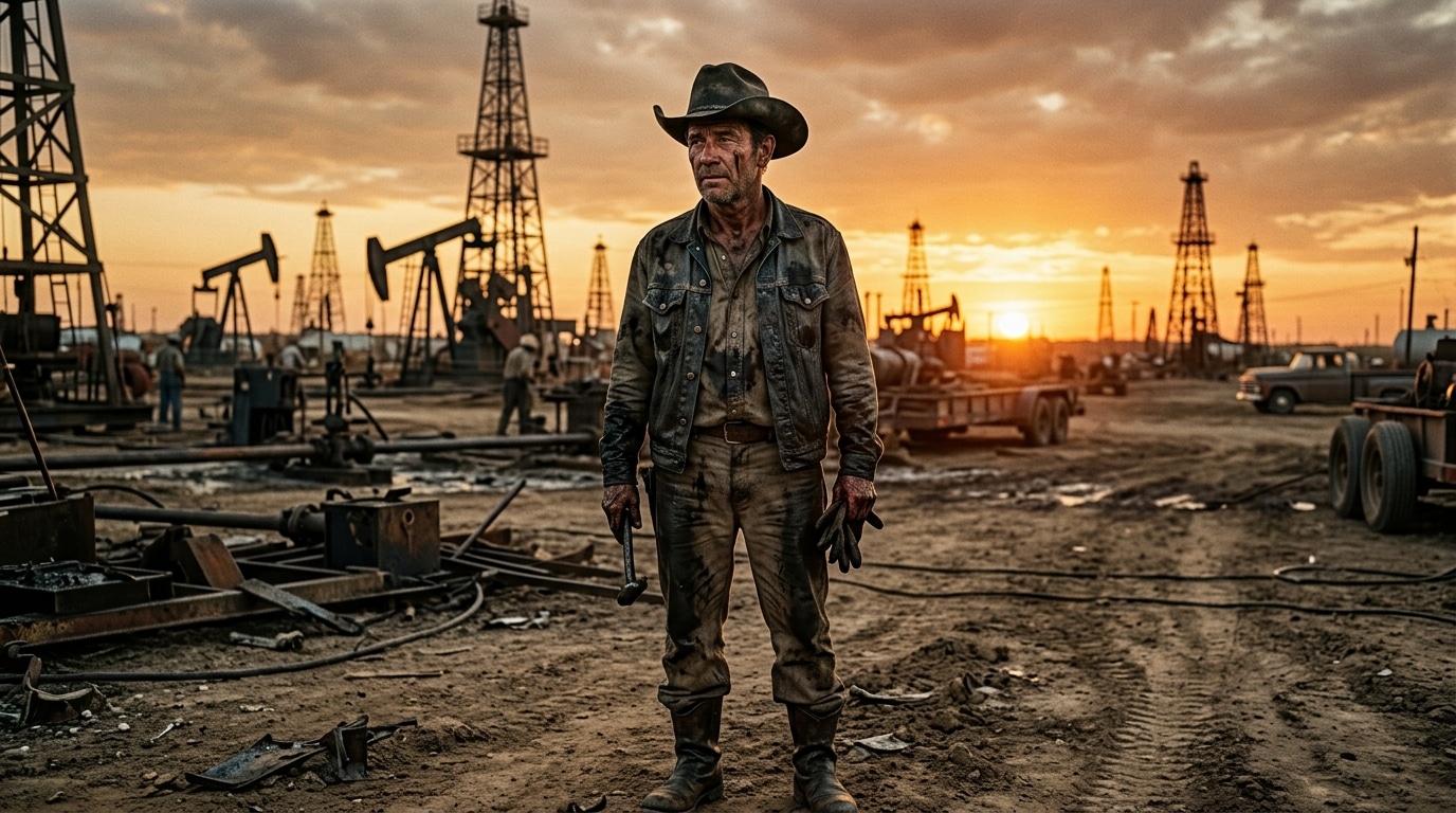 Homme couvert de pétrole dans un champ texan au coucher du soleil