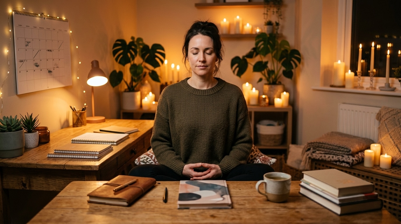 Femme méditant devant un calendrier organisé