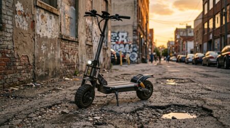 Trottinette tout-terrain sur trottoir abîmé au crépuscule