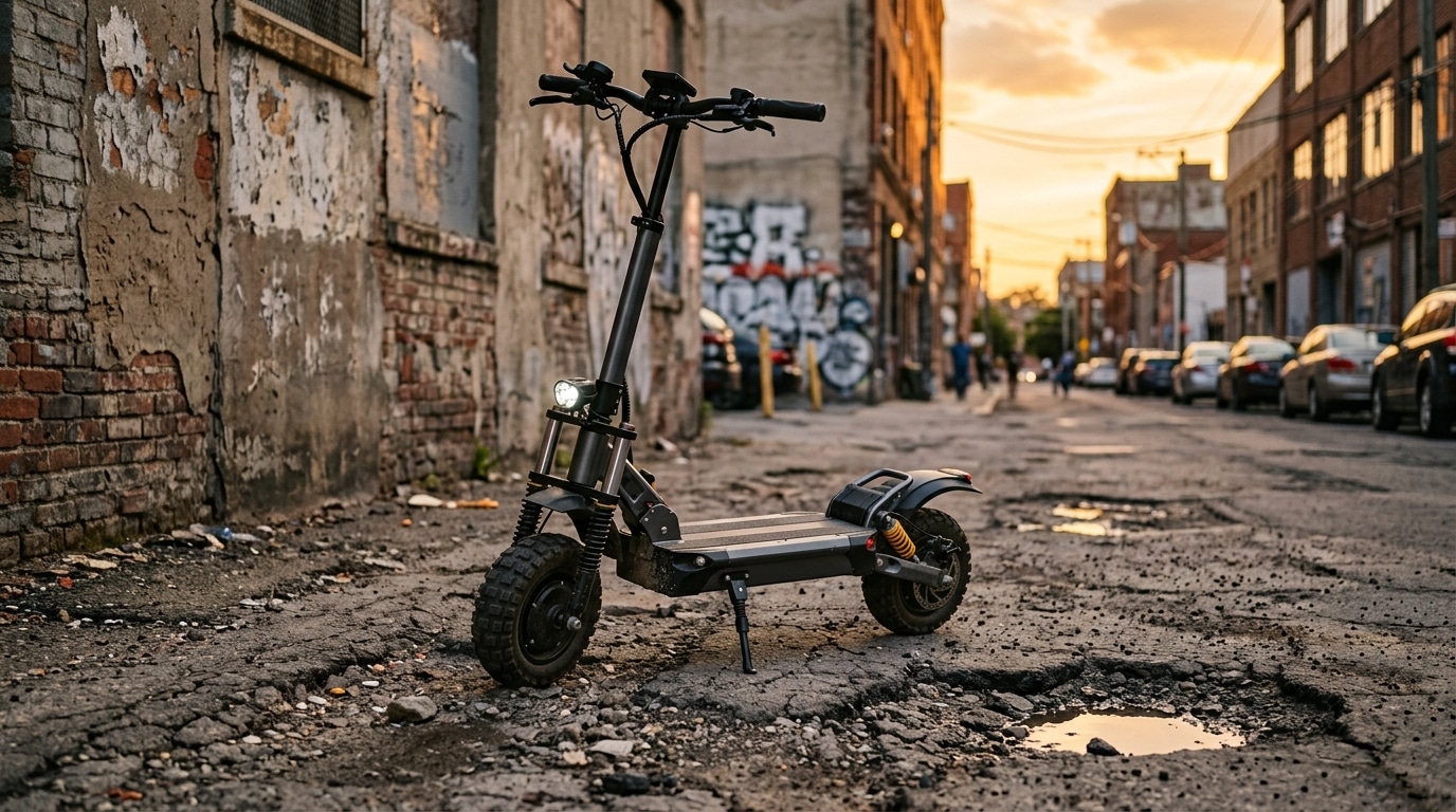 Trottinette tout-terrain sur trottoir abîmé au crépuscule