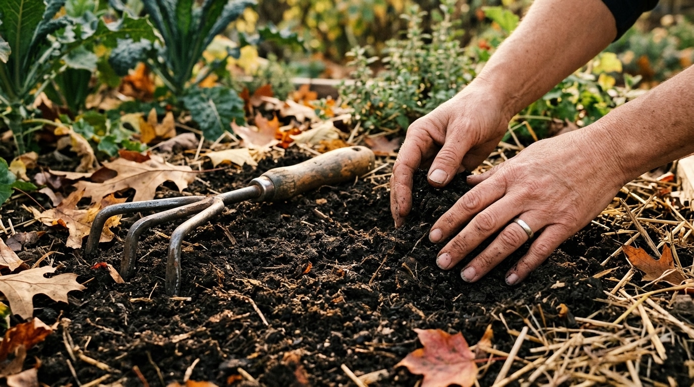 Griffe de jardin posée sur terre meuble d'octobre