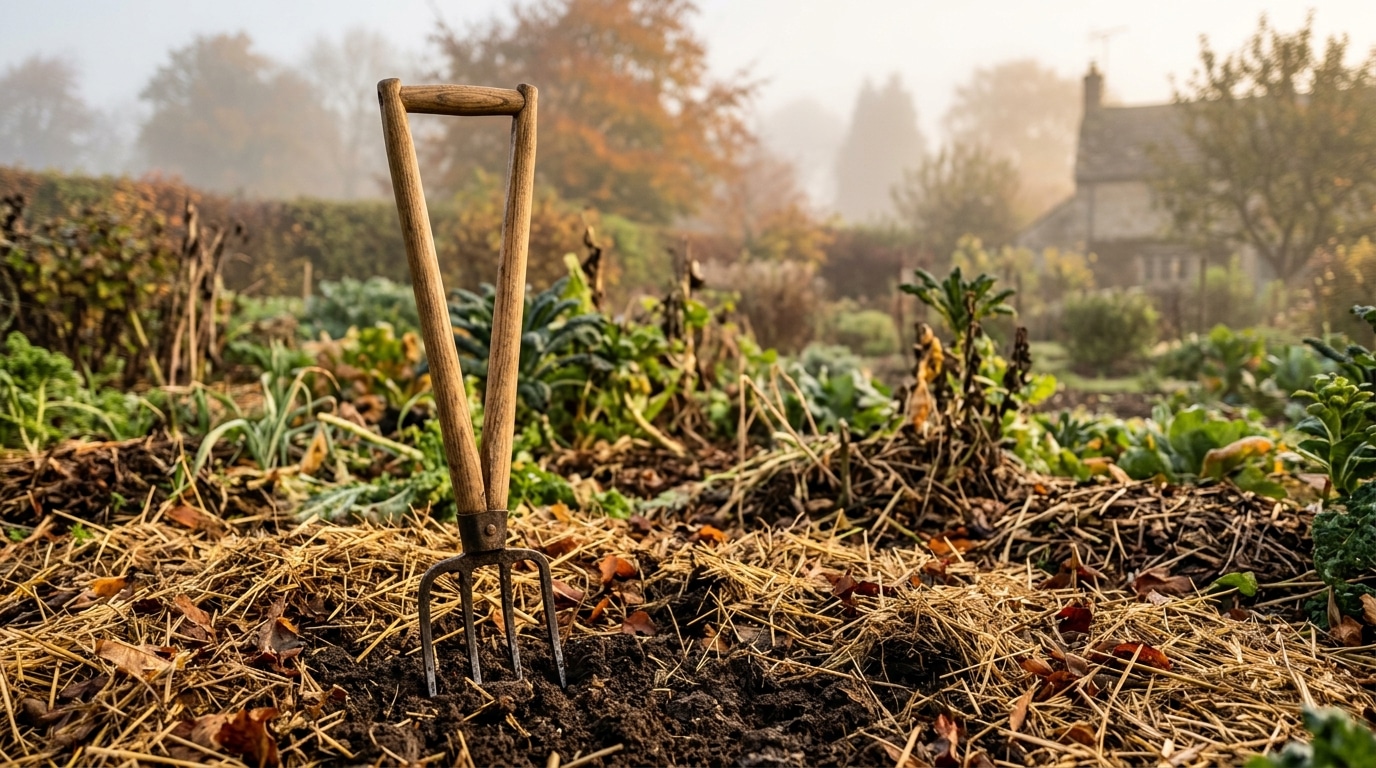 Grelinette plantée dans un potager paillé