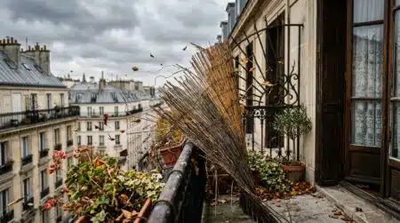 Canisse de balcon arrachée et fibres effilochées par le vent