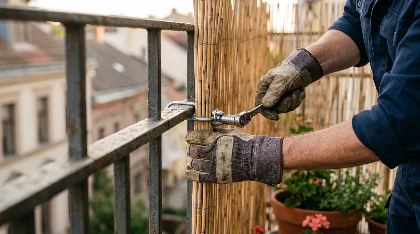 Mains fixant un collier de serrage sur une rambarde