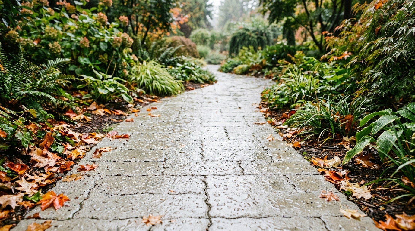Allée en béton drainant absorbant l'eau de pluie