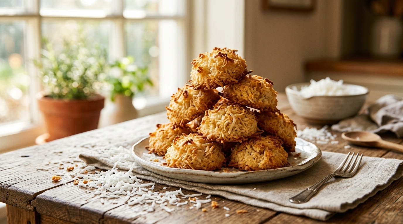 Biscuits dorés à la noix de coco sur table en bois