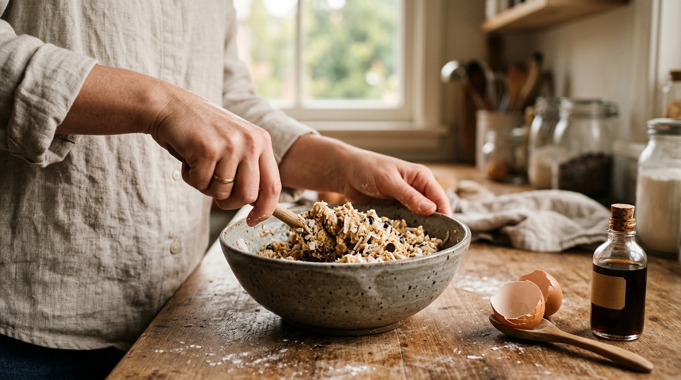 Mains préparant une pâte de biscuits coco maison