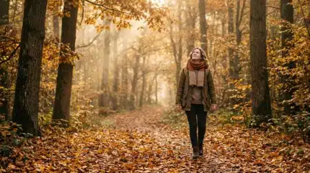 Femme marchant seule dans une forêt dorée d'automne
