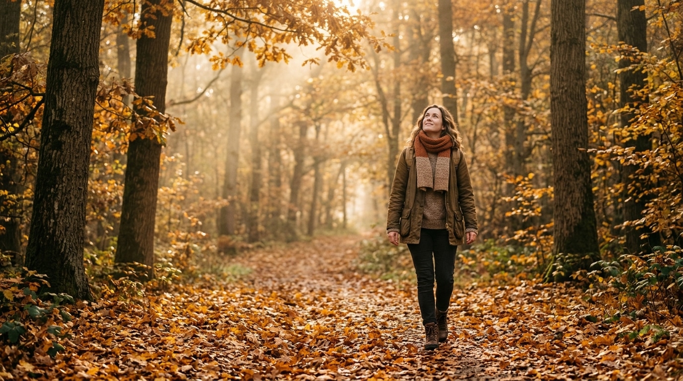 Femme marchant seule dans une forêt dorée d'automne