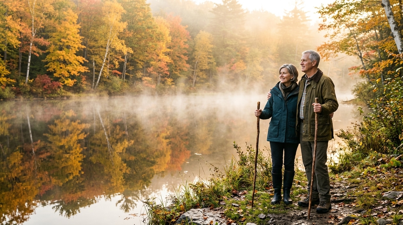 Couple observant un étang forestier brumeux à l'automne