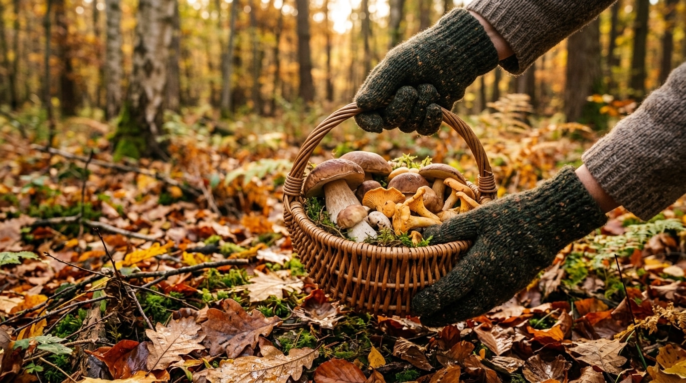 Panier en osier rempli de champignons cueillis en forêt