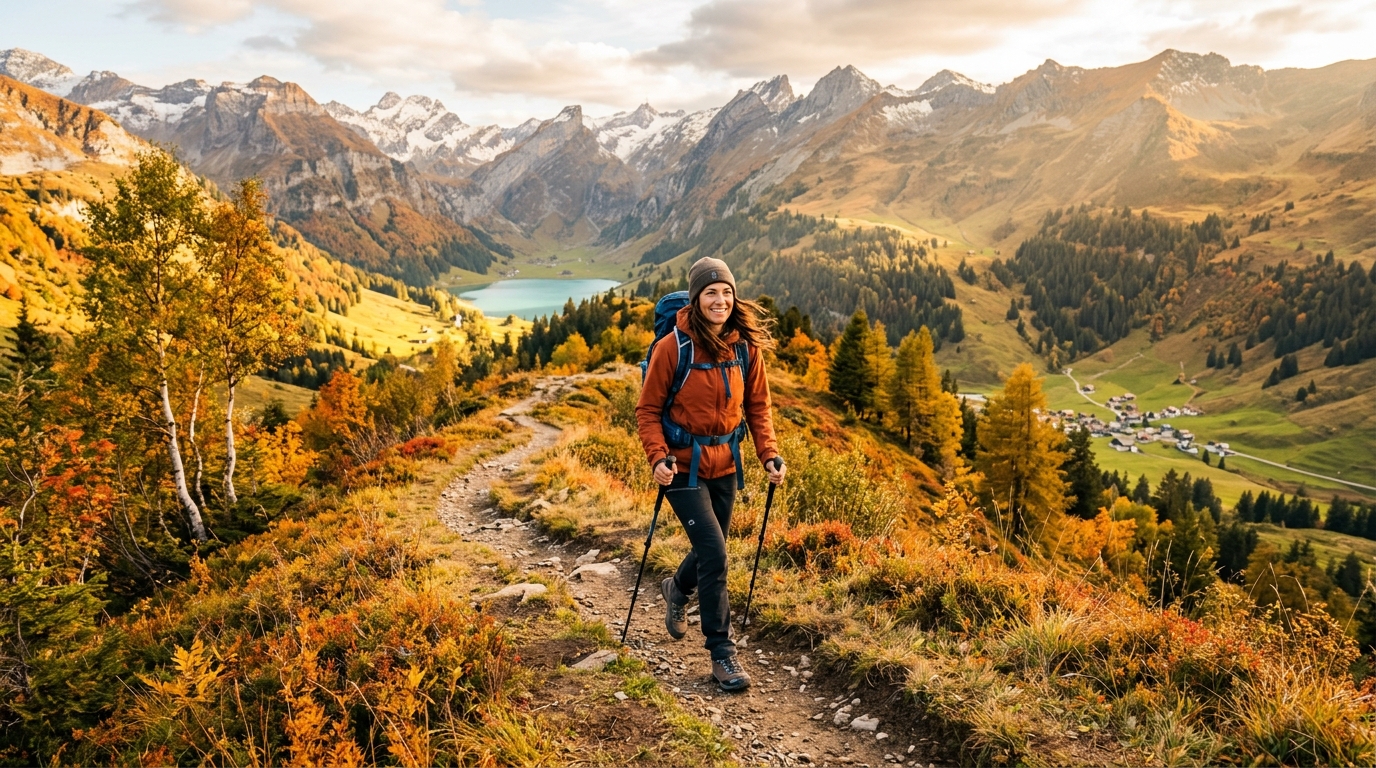 Randonneuse profitant d'un sentier alpin vide en septembre