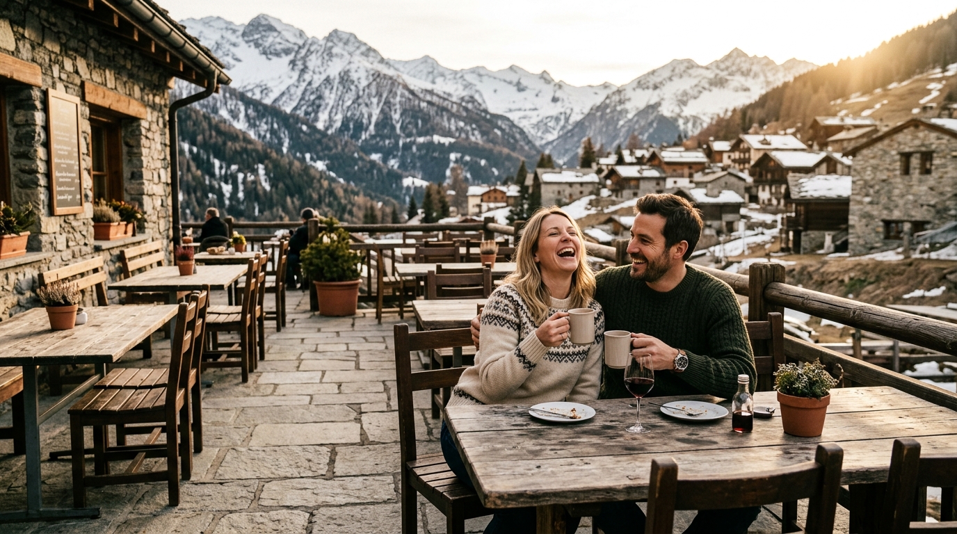 Couple attablé en terrasse dans un village de montagne