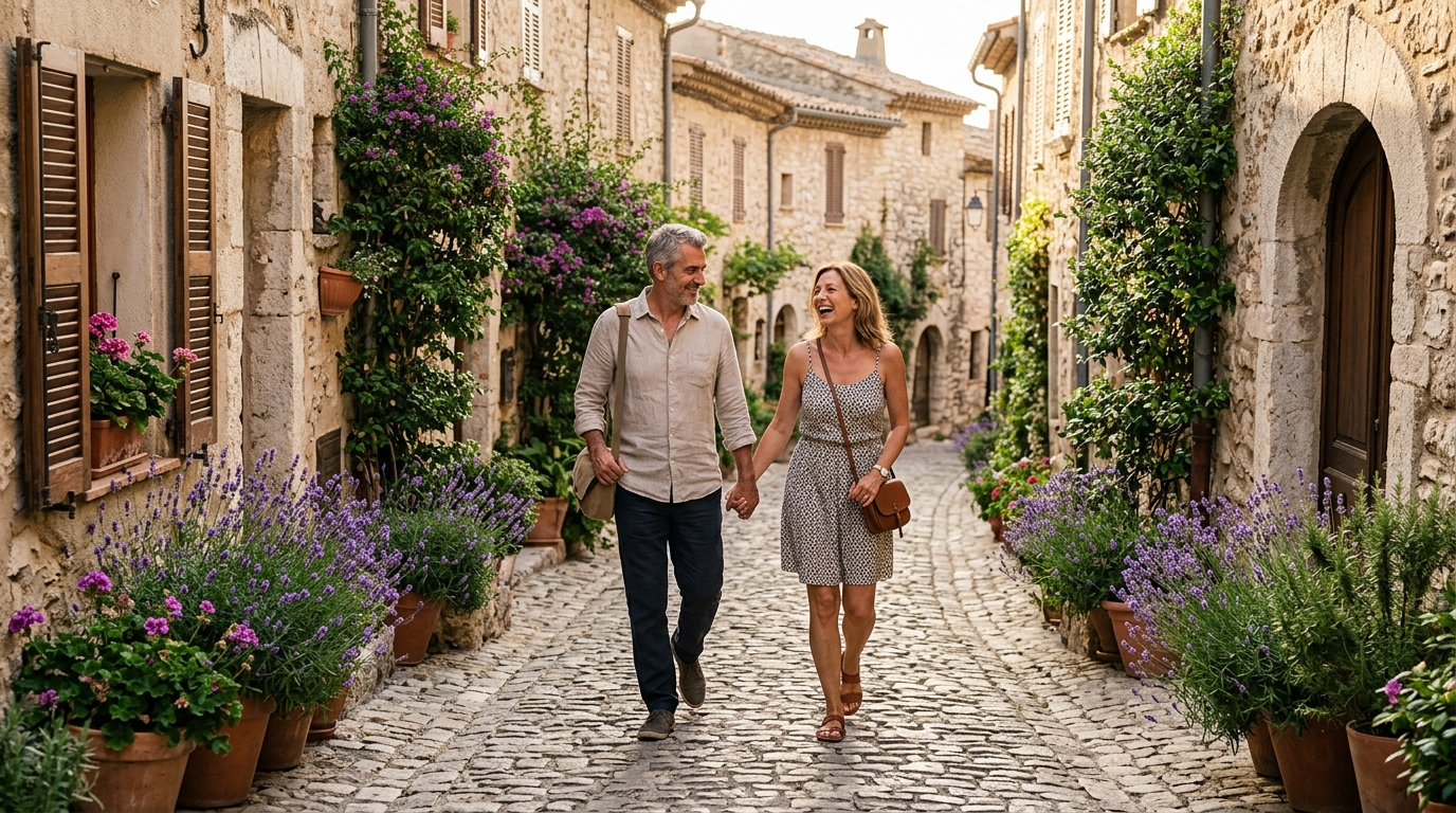 Couple se promenant dans un village provençal désert