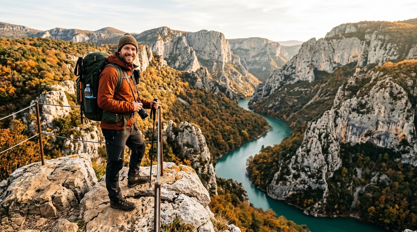 Randonneur admirant les gorges du Verdon en automne