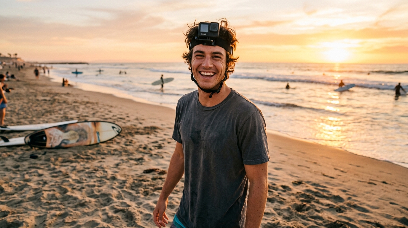 Homme filmant ses vacances avec une caméra sur casque