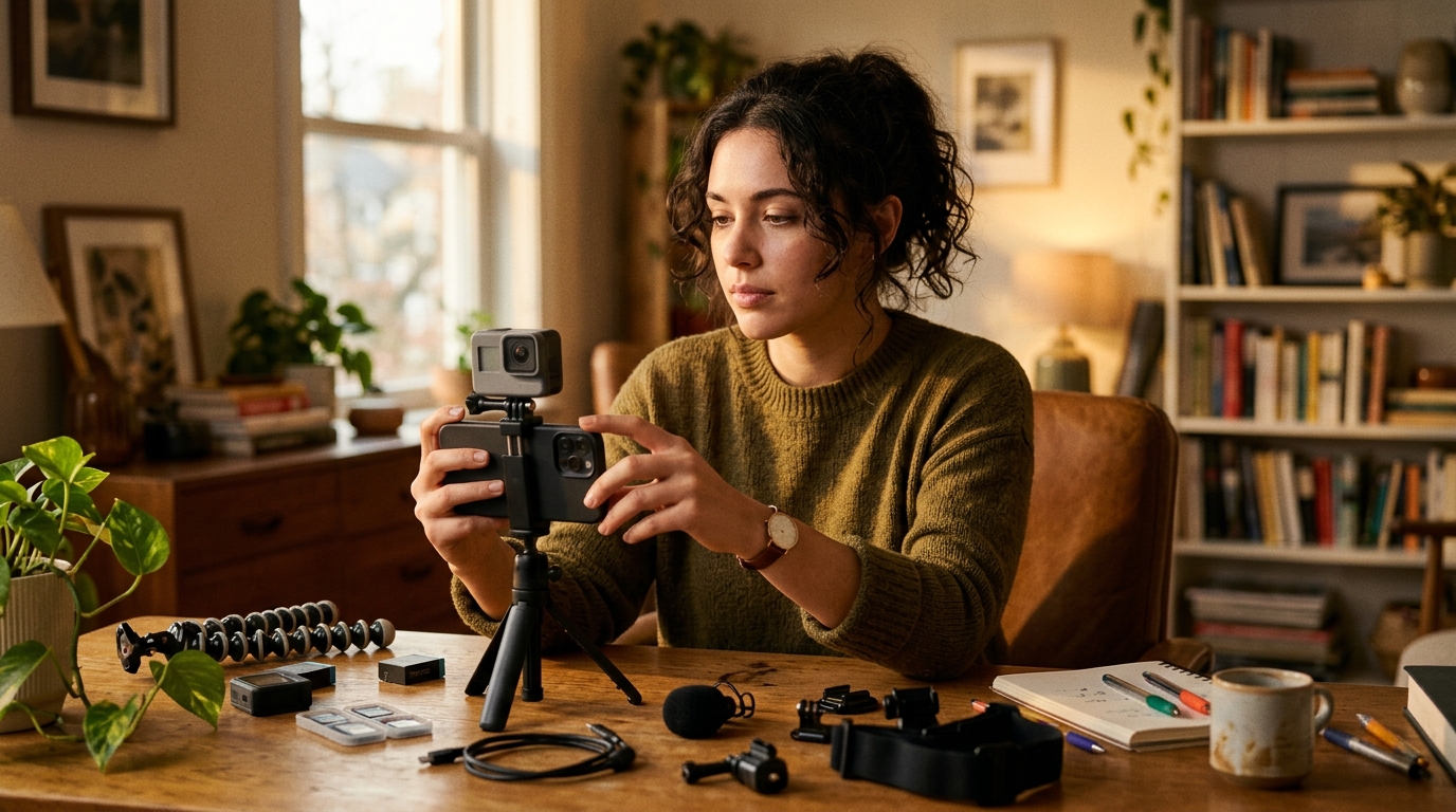 Caméra GoPro entourée d'accessoires et coques de protection