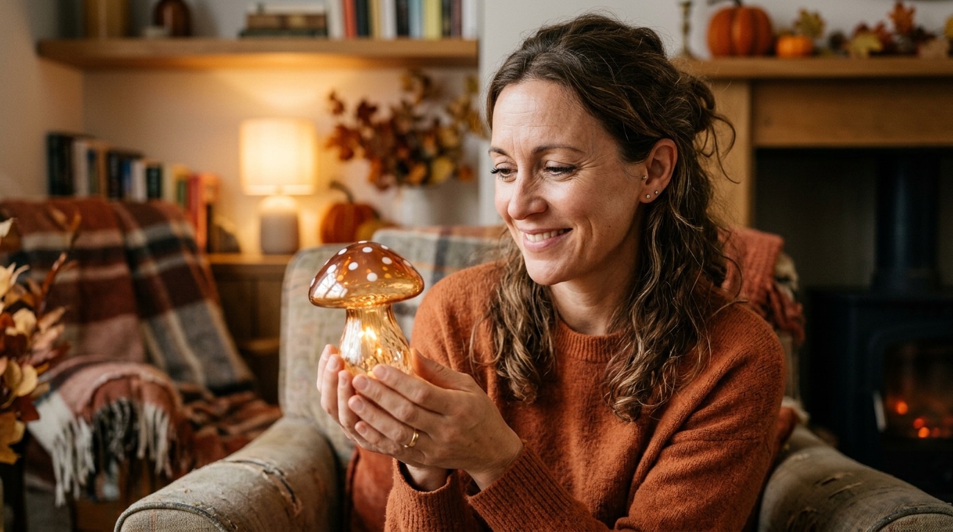 Personne souriante tenant une lampe champignon en verre