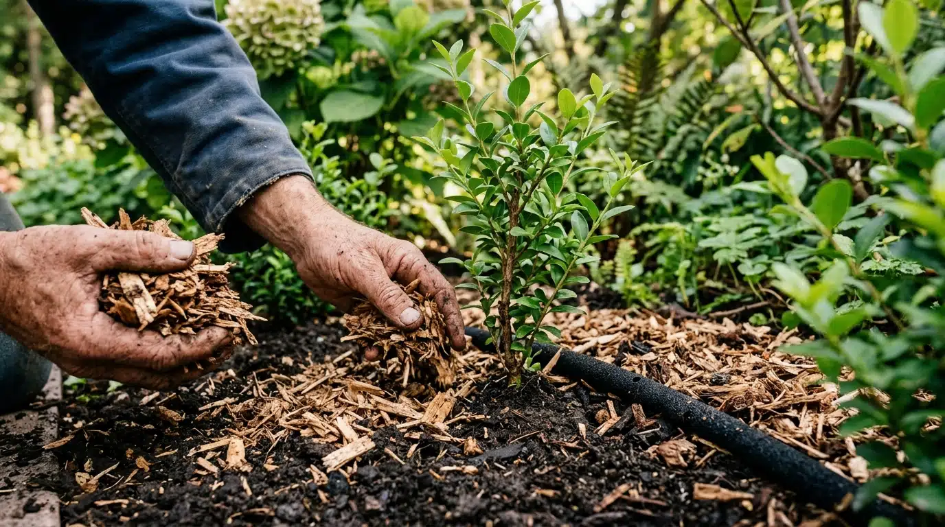 Mains de jardinier étalant du paillis organique au sol