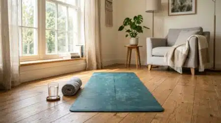 Tapis de yoga déroulé au sol près d'une fenêtre