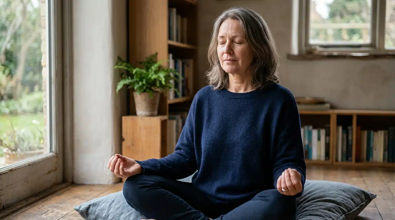 Personne assise en tailleur les yeux fermés détendue