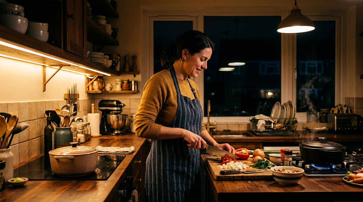 Ruban LED éclairant un plan de travail de cuisine la nuit