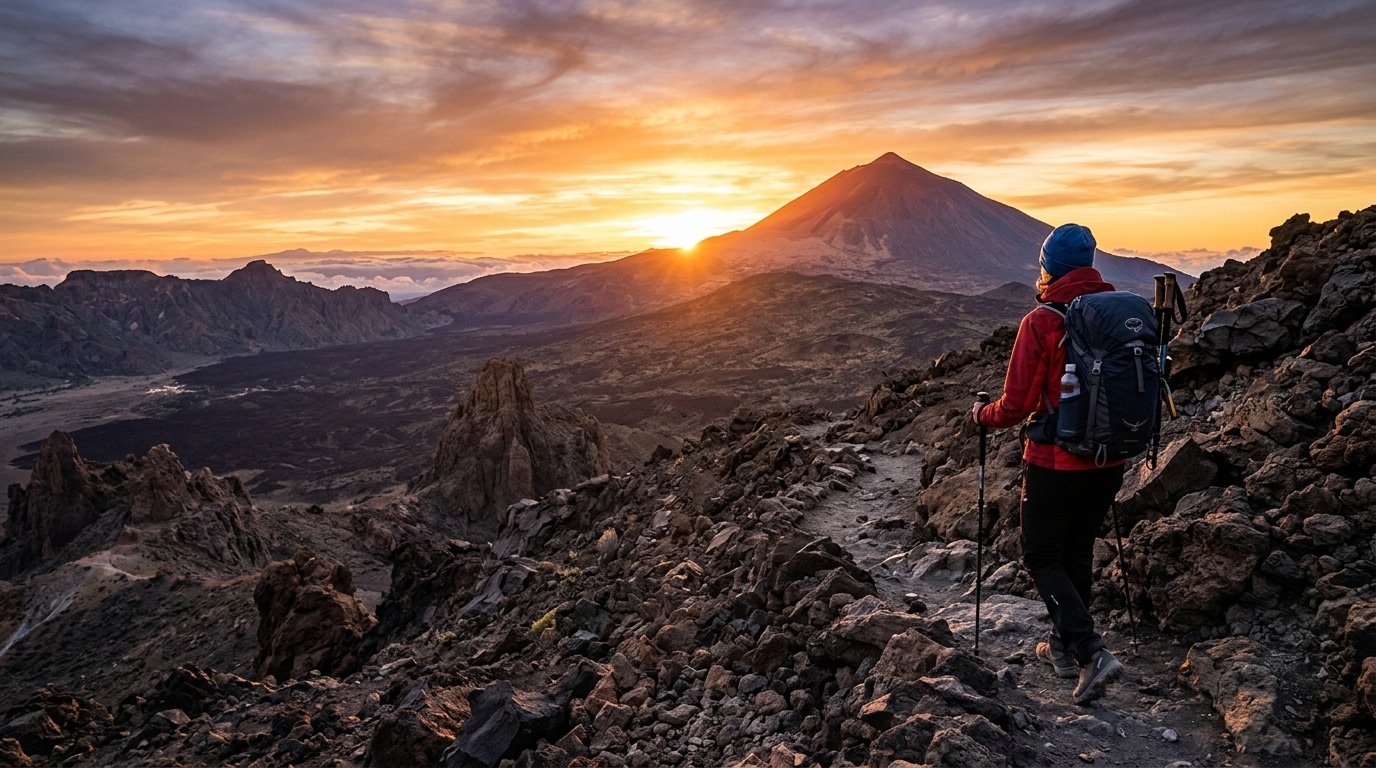 Randonneur au lever du soleil sur le volcan Teide à Tenerife