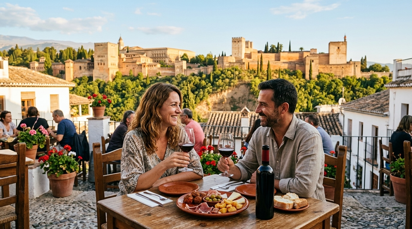 Couple en terrasse avec tapas près de l'Alhambra de Grenade