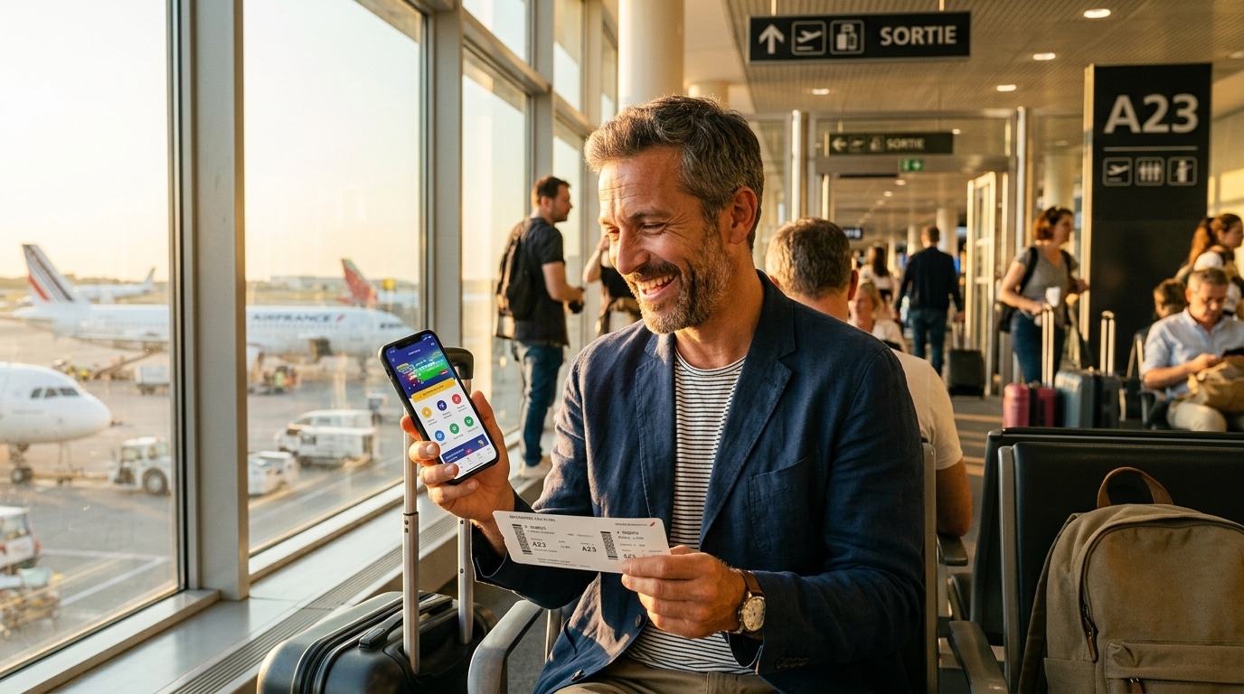 Voyageur consultant des vols pas chers sur son téléphone