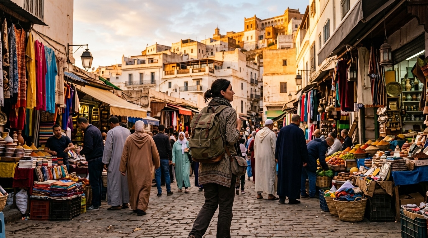Rue animée de la Casbah d'Alger au coucher du soleil