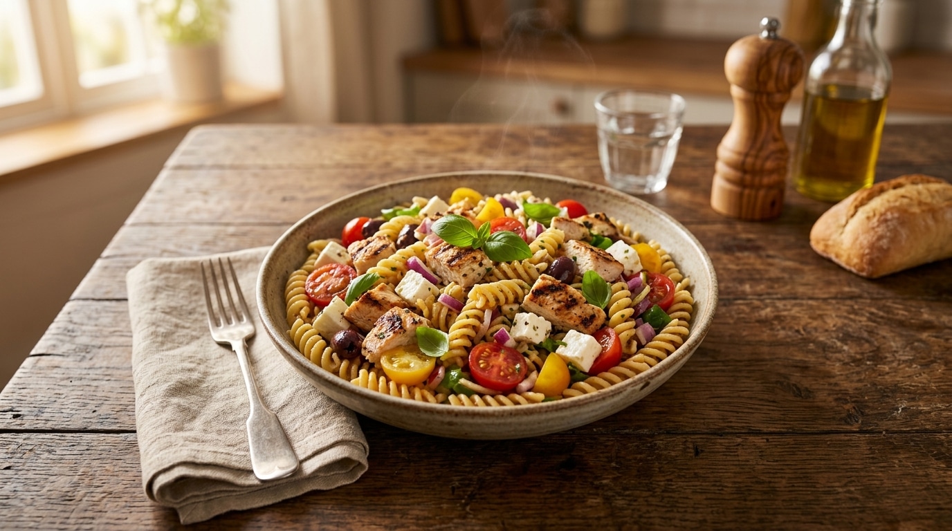 Bol de salade de pâtes au poulet et légumes frais