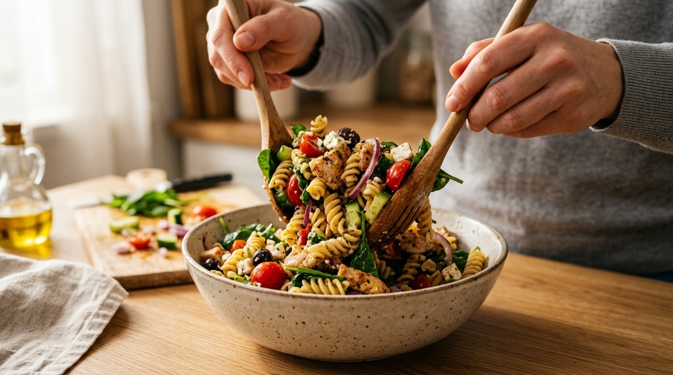 Mains mélangeant une salade de pâtes maison