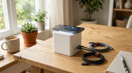 Cube multiprise blanc avec smartphone en charge sans fil