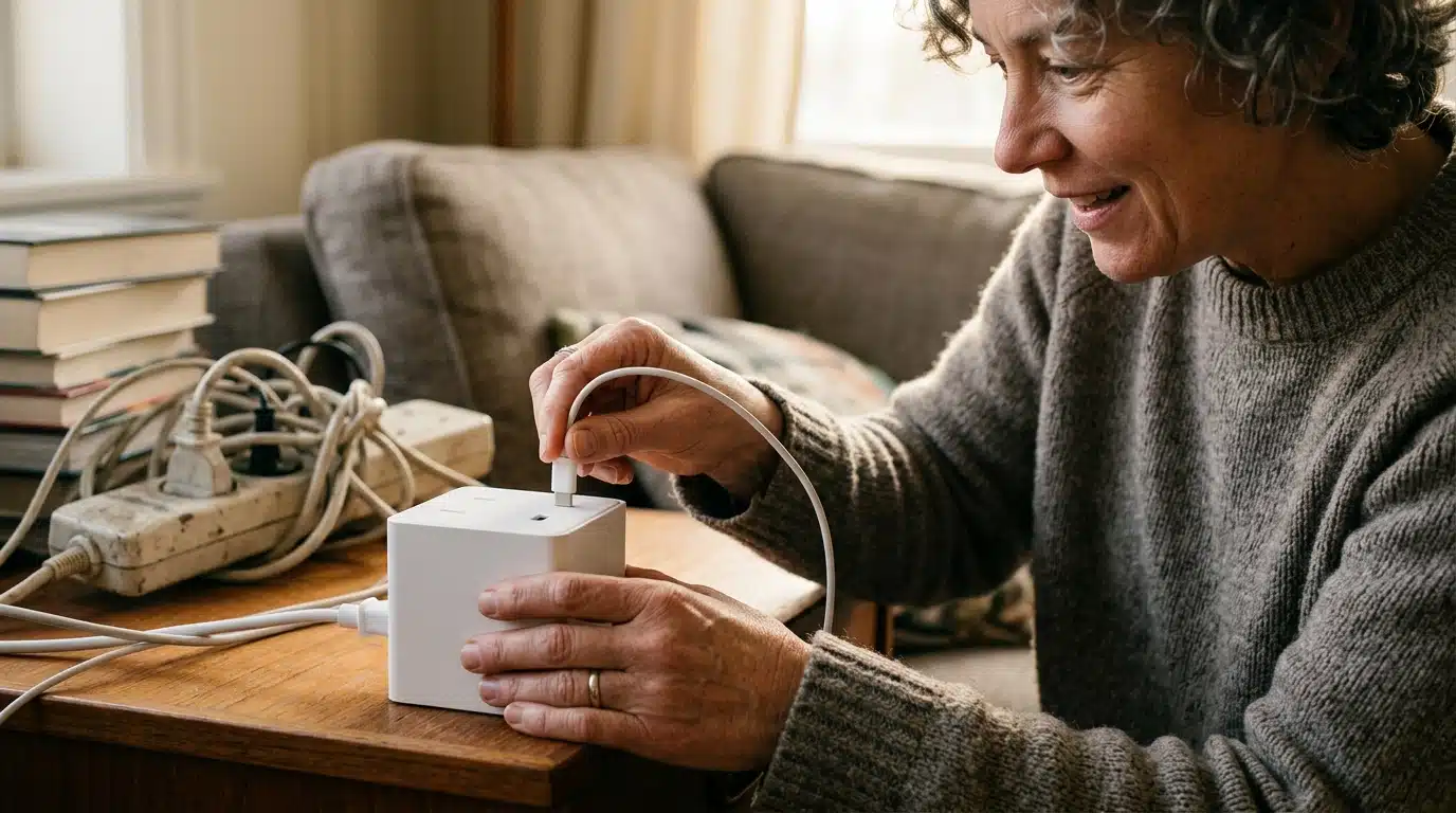 Main branchant un câble sur une multiprise moderne