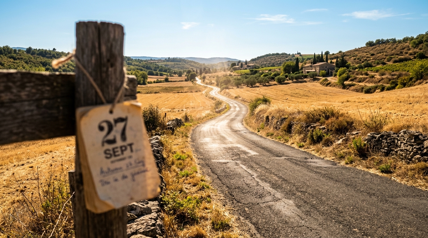 Route de campagne sous un soleil intense fin septembre