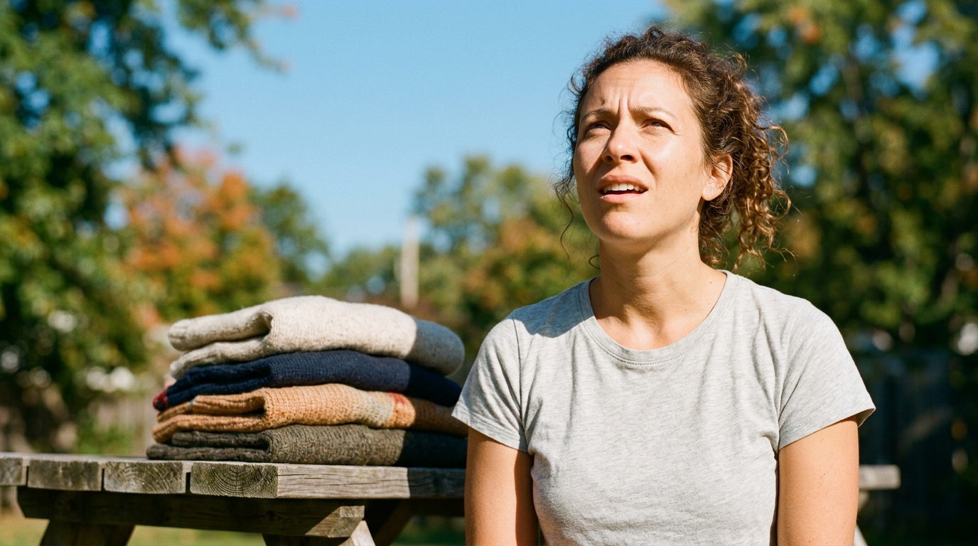 Personne surprise en tee-shirt près de pulls d'automne