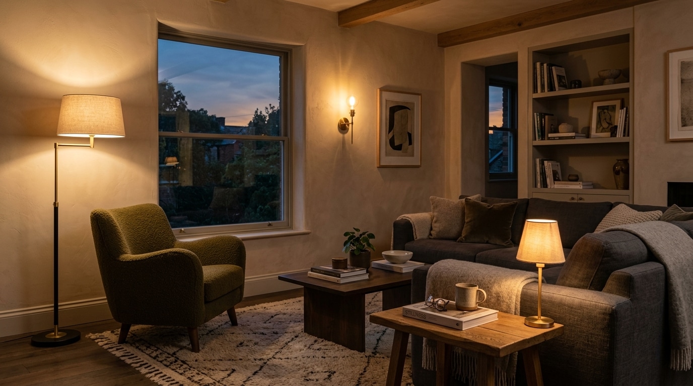 Salon chaleureux avec lampadaire, applique et liseuse