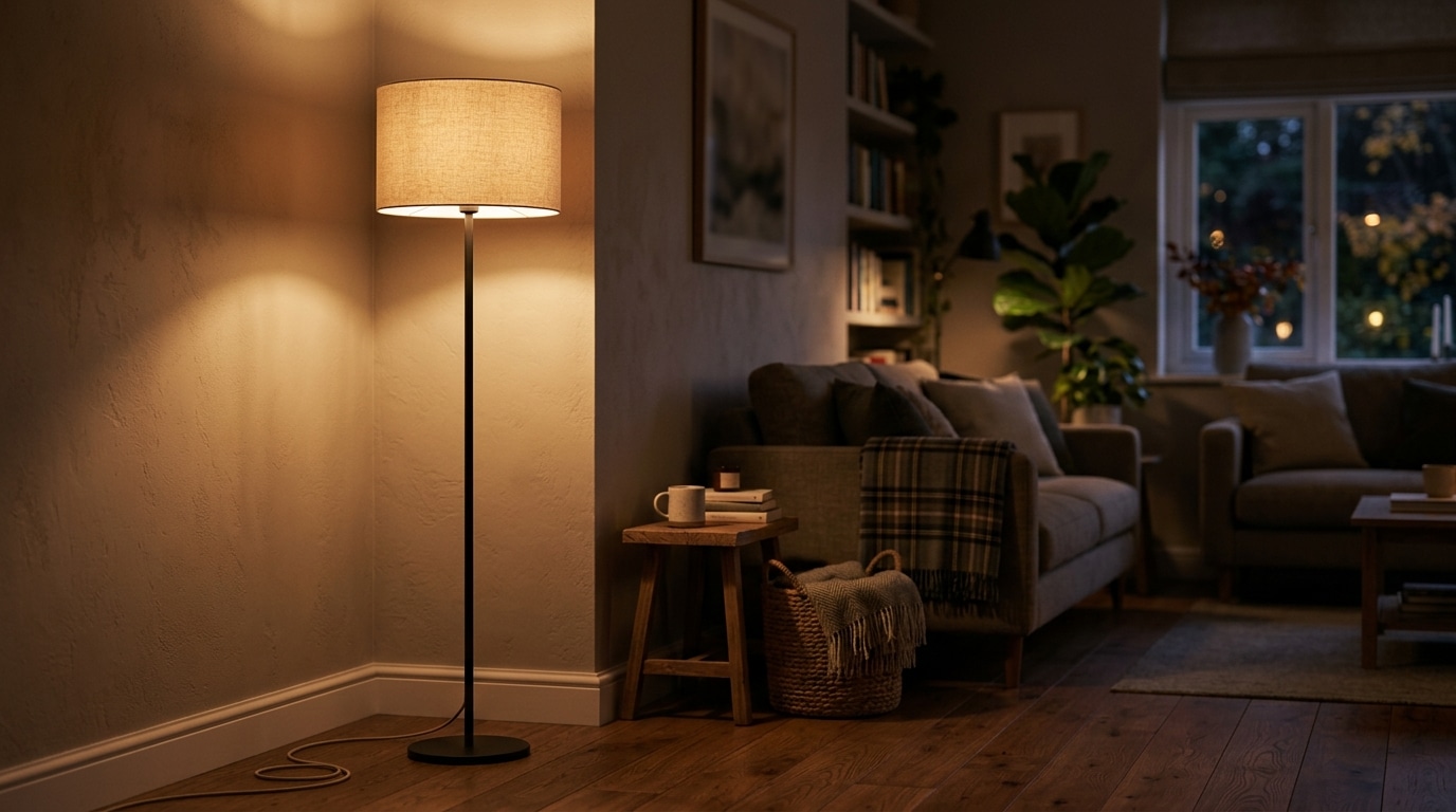 Lampadaire moderne diffusant une lumière ambrée douce